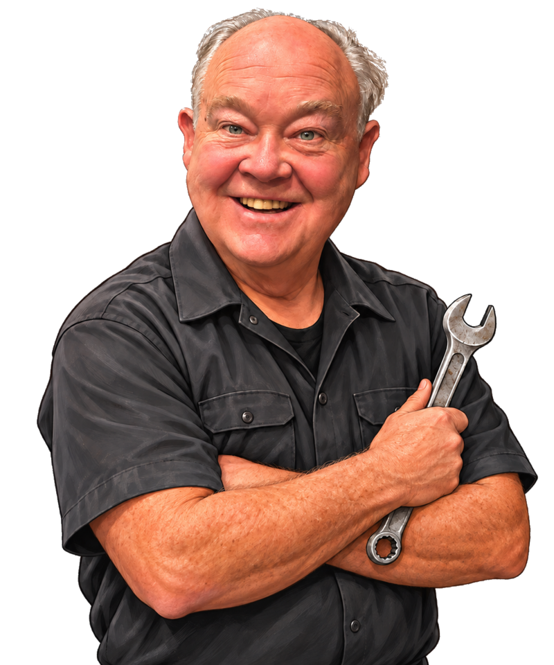 Illustrated portrait of Bill, the mechanic behind Bill's Fix-It