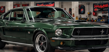 Green 1968 Bullitt Mustang in the shop